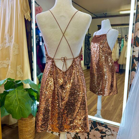 Y2K Vintage Bronze Sequin Mini Swing Dress XS S Holiday Cocktail clubwear NYE - Picture 5 of 8